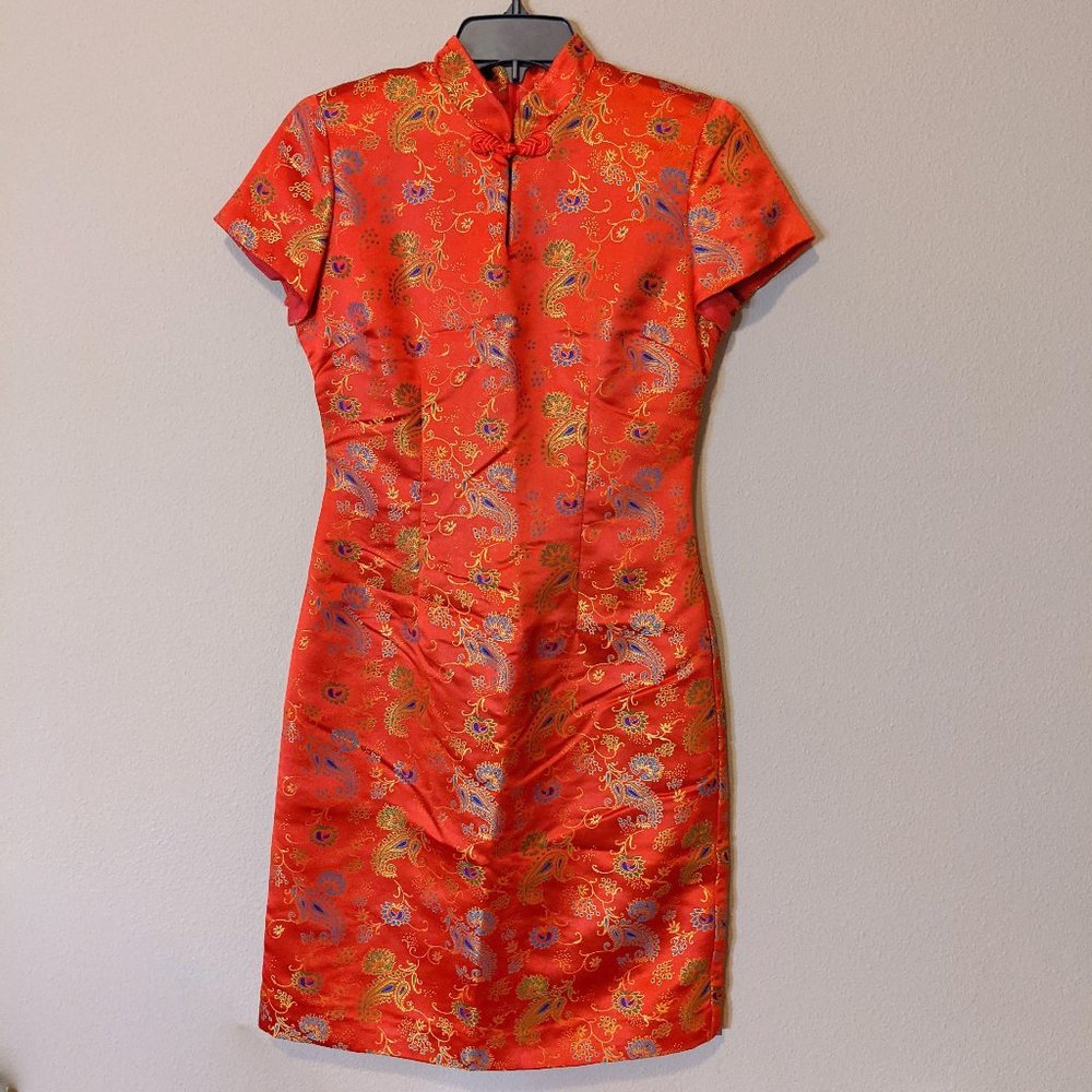 Vintage David Warren Women 4P Red Floral Chinese Traditional Dress Short Sleeve